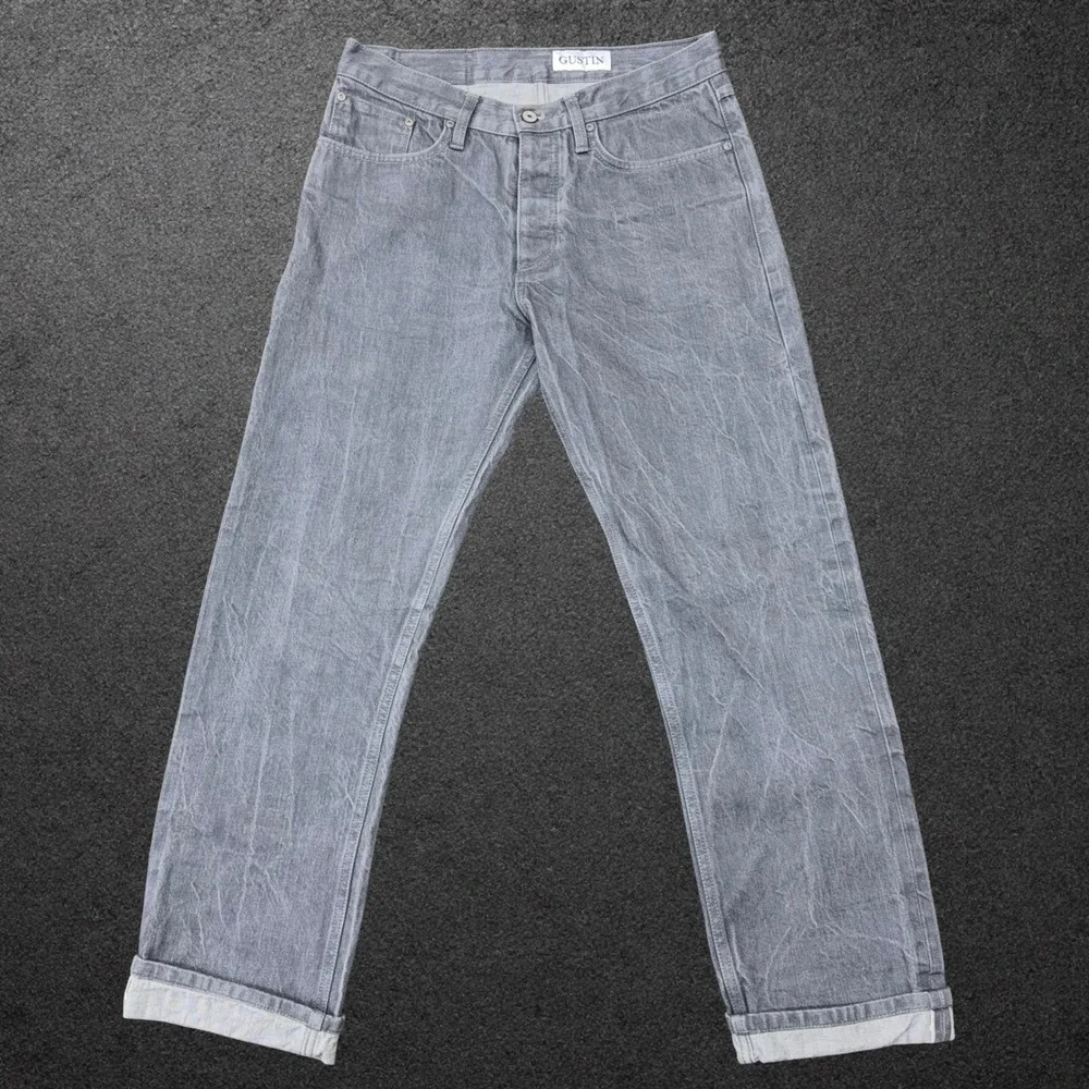 Gustin‎ Mens California Straight Raw Grey Denim Jeans Button Fly Size 32 x 31